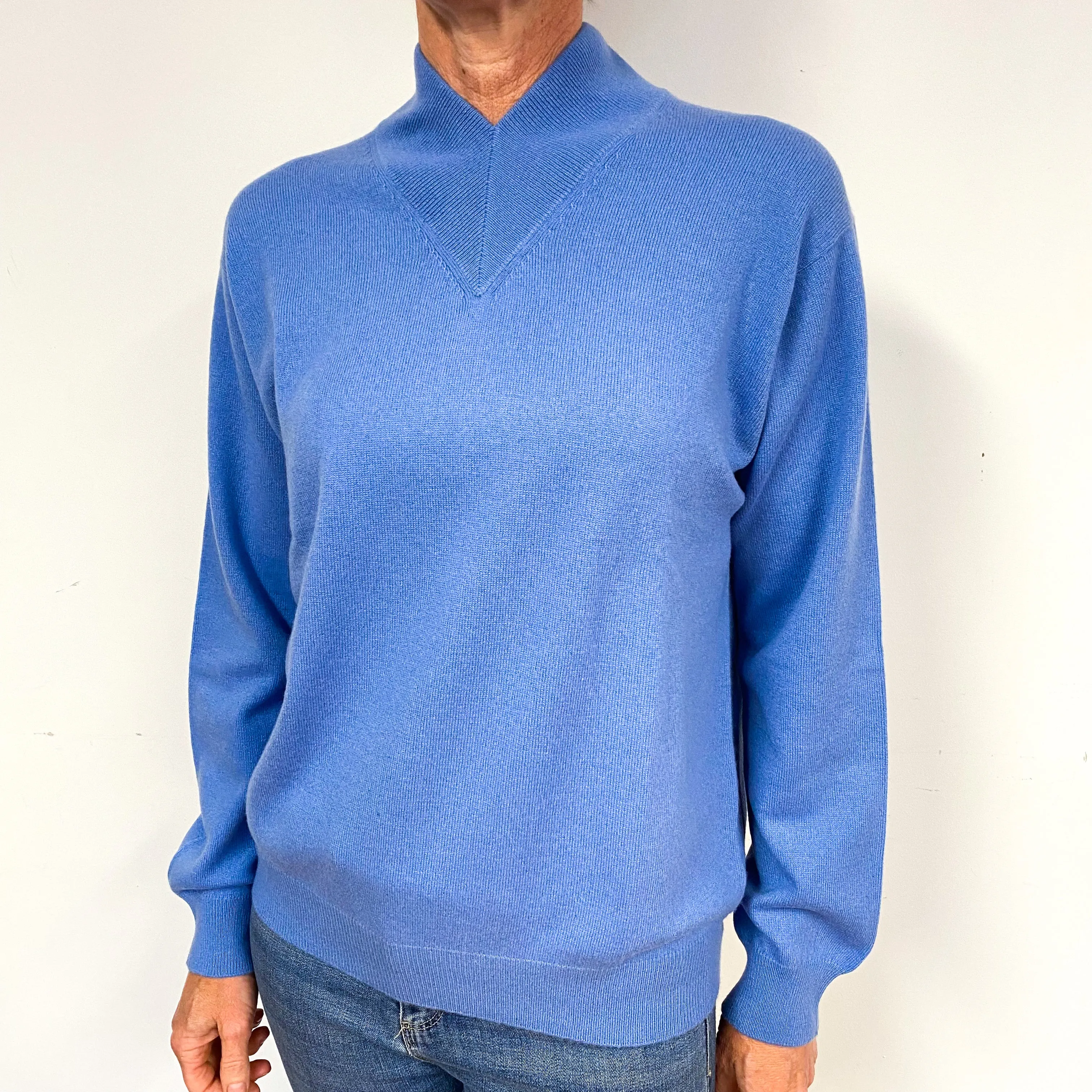 New Zenith Blue Cashmere High V-Neck Jumper Medium