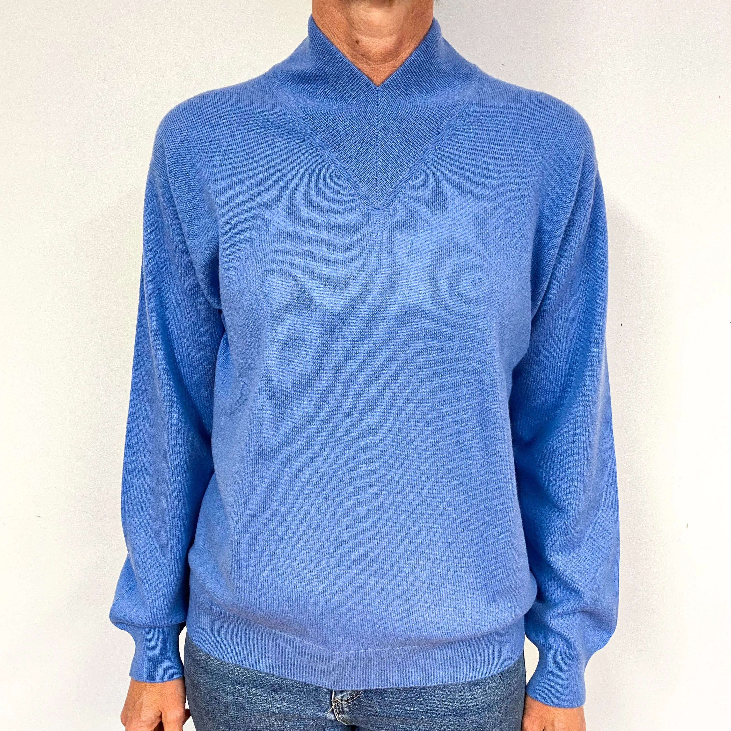 New Zenith Blue Cashmere High V-Neck Jumper Medium