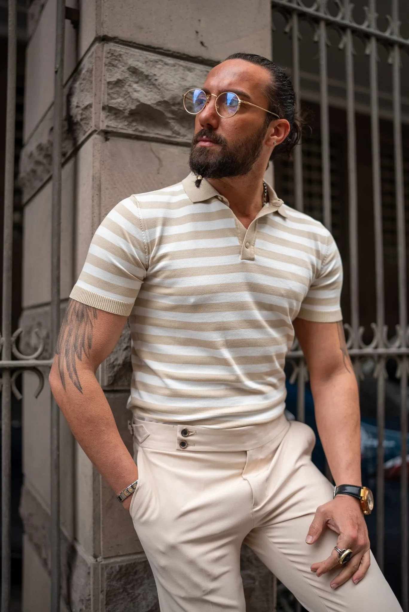 Nile Beige Striped Polo