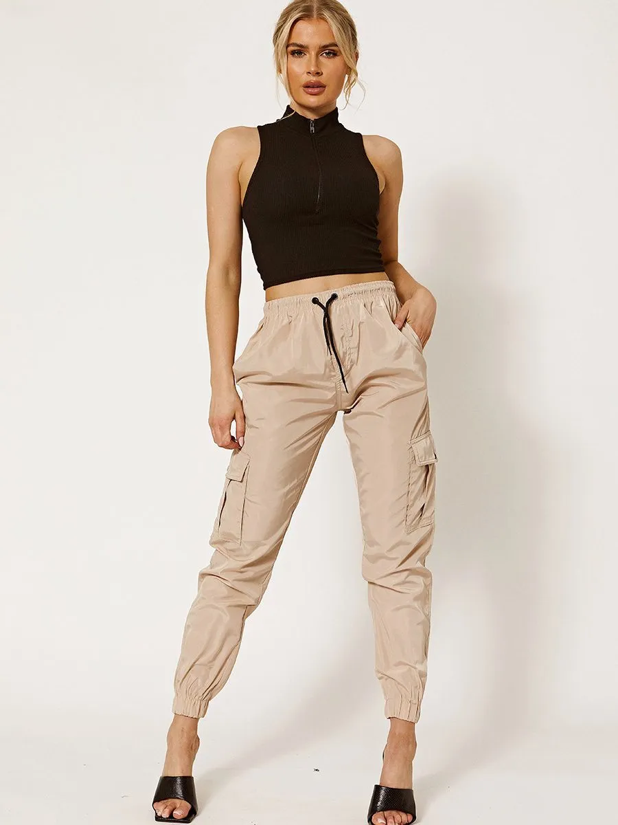 Olive Lightweight Shell Cargo Joggers In Stone