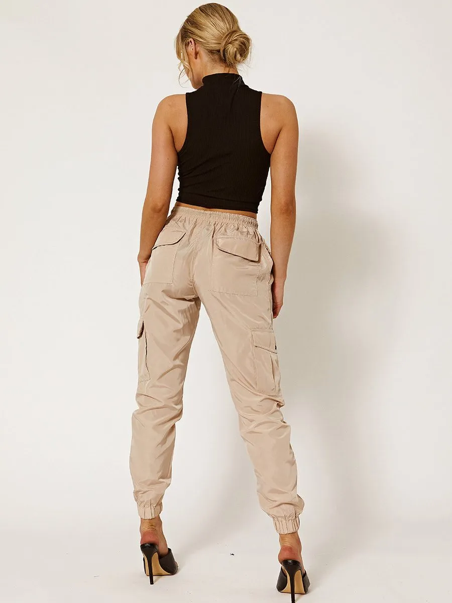 Olive Lightweight Shell Cargo Joggers In Stone