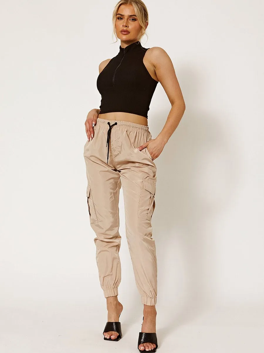 Olive Lightweight Shell Cargo Joggers In Stone