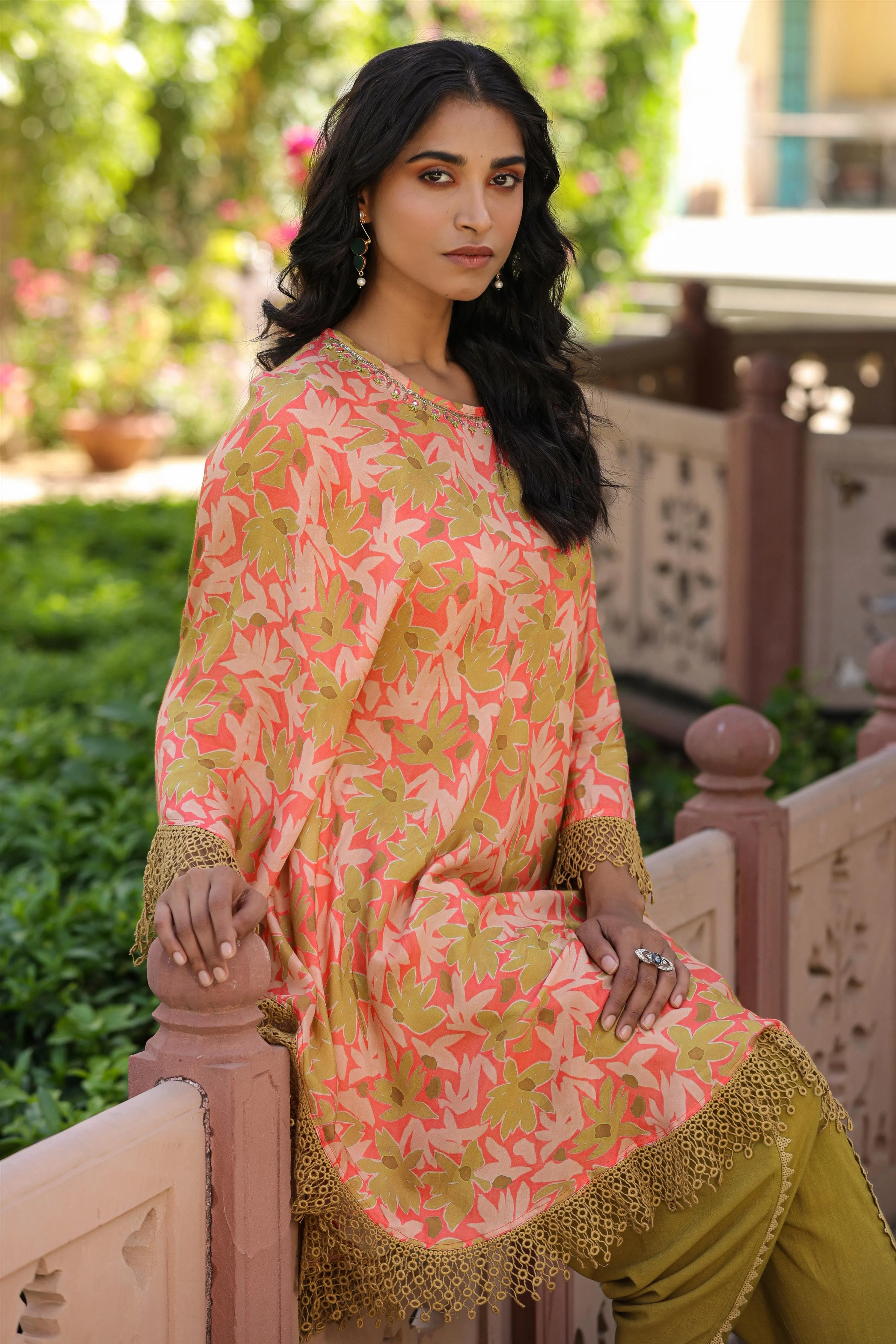 Olive-Peach Muslin Printed Poncho & Dhoti Set