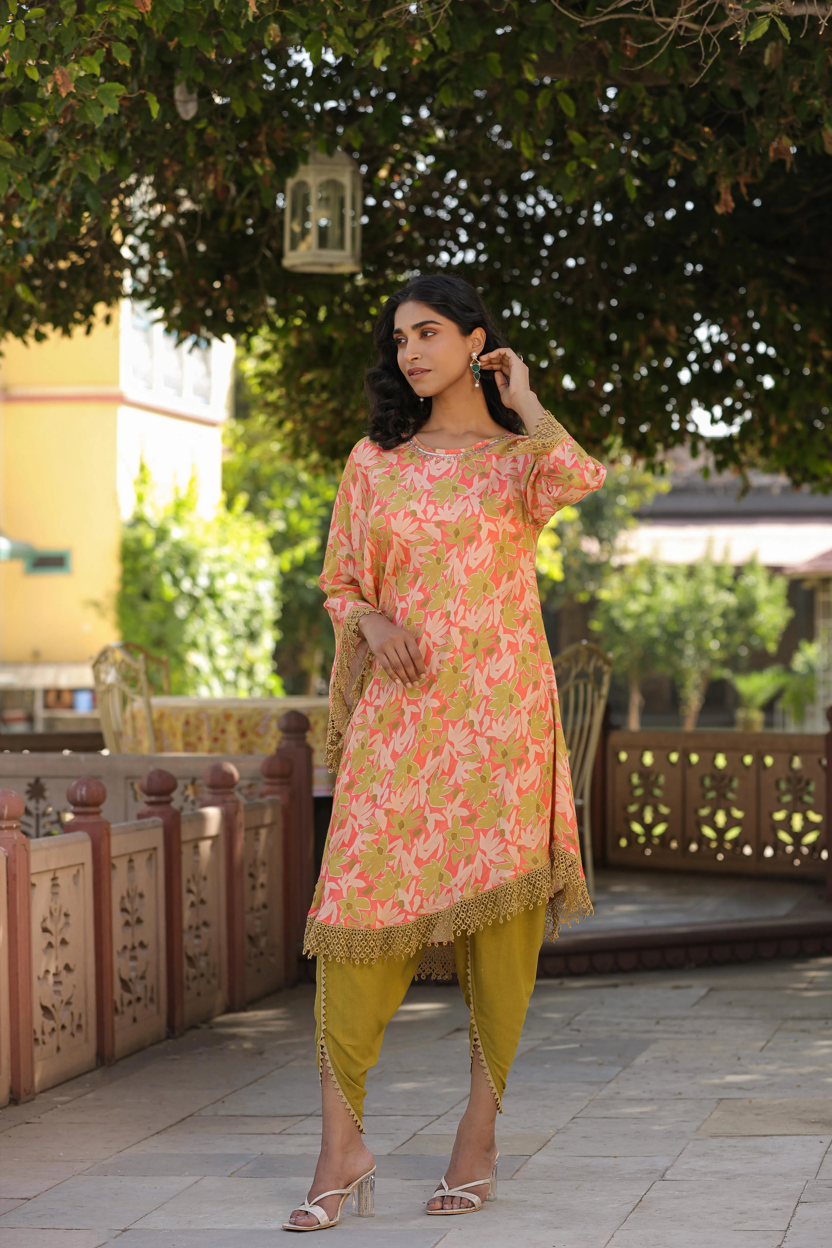 Olive-Peach Muslin Printed Poncho & Dhoti Set