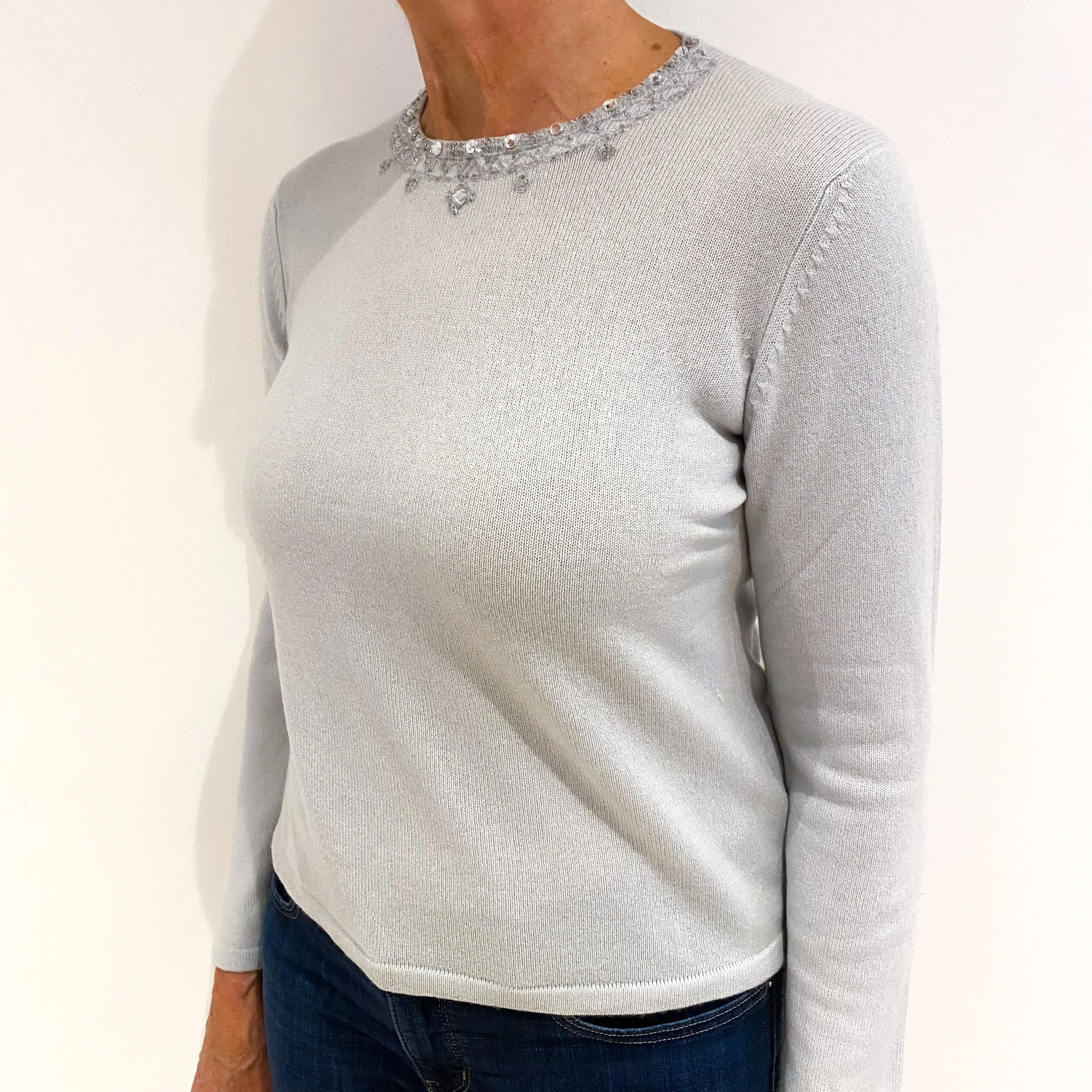 Pale Duck Egg Blue Beaded Cashmere Crew Neck Jumper Medium