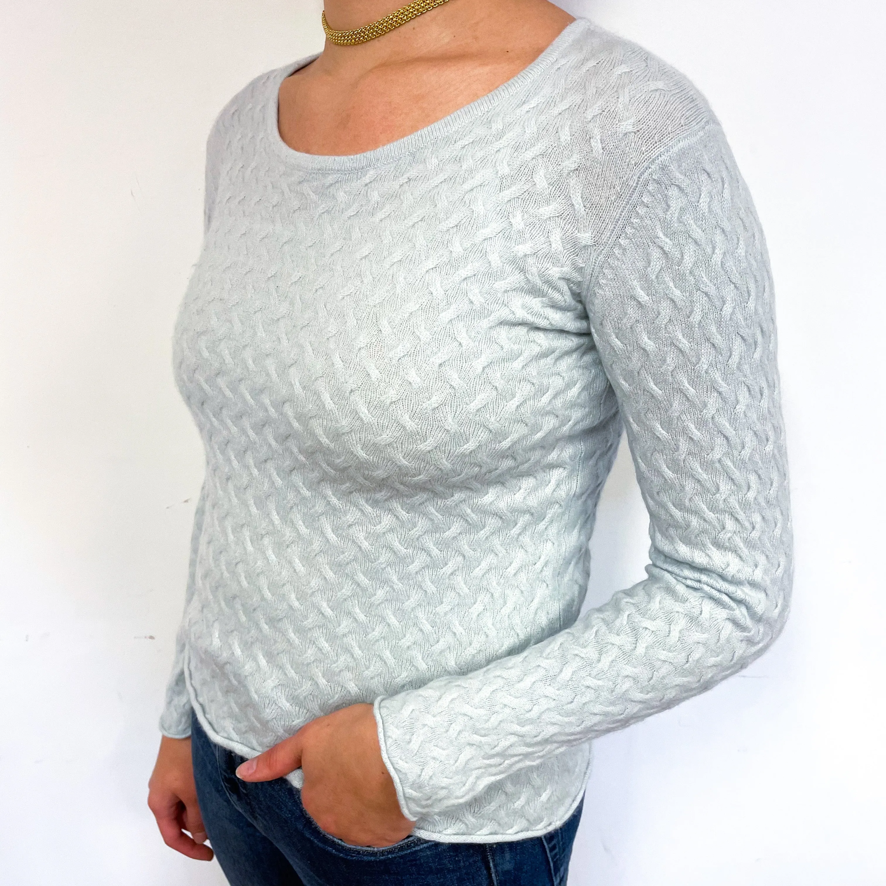 Pale Mint Green Basket Weave Cashmere Crew Neck Jumper Small
