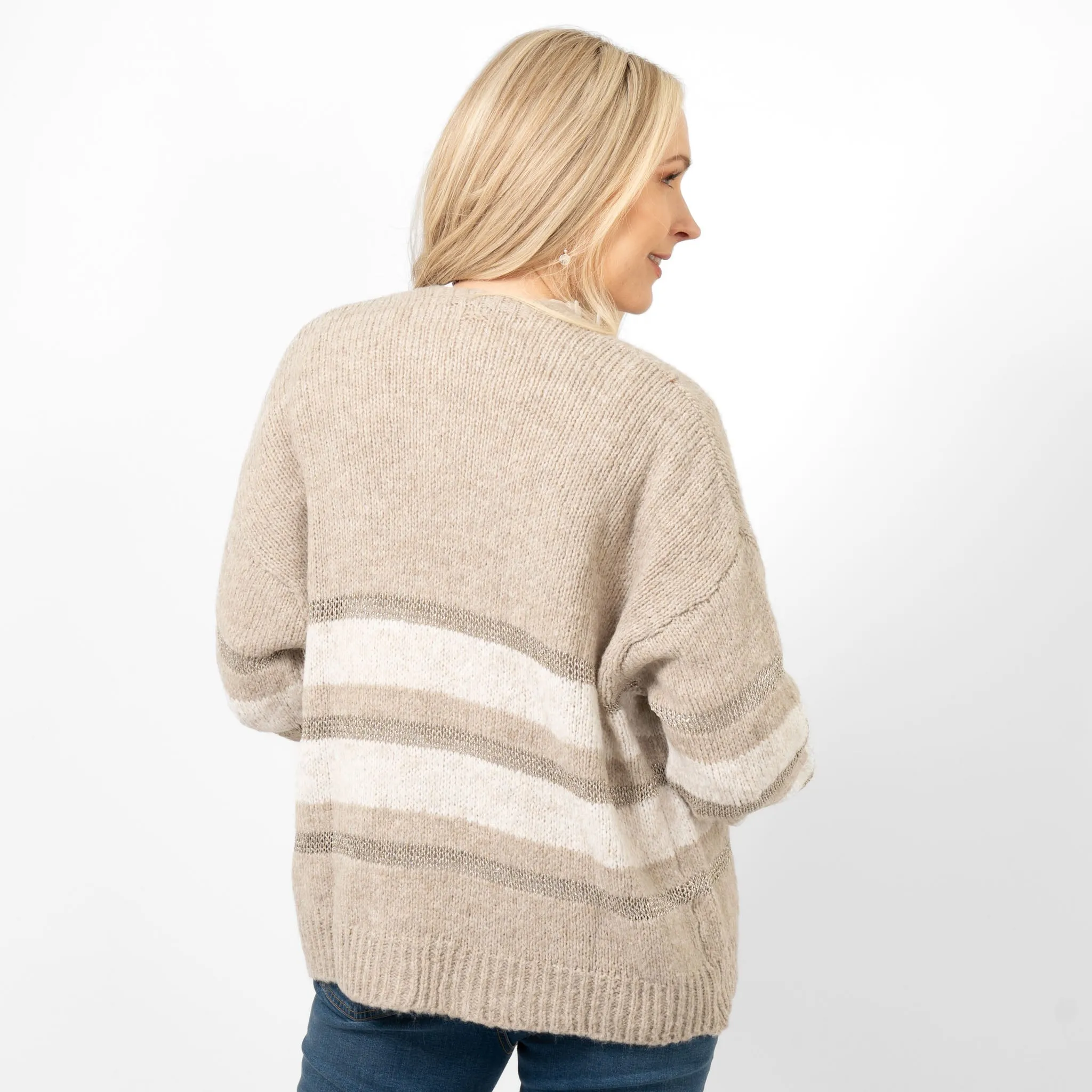 Paris Wool Blend Cardigan - Beige/Cream/Gold, Striped