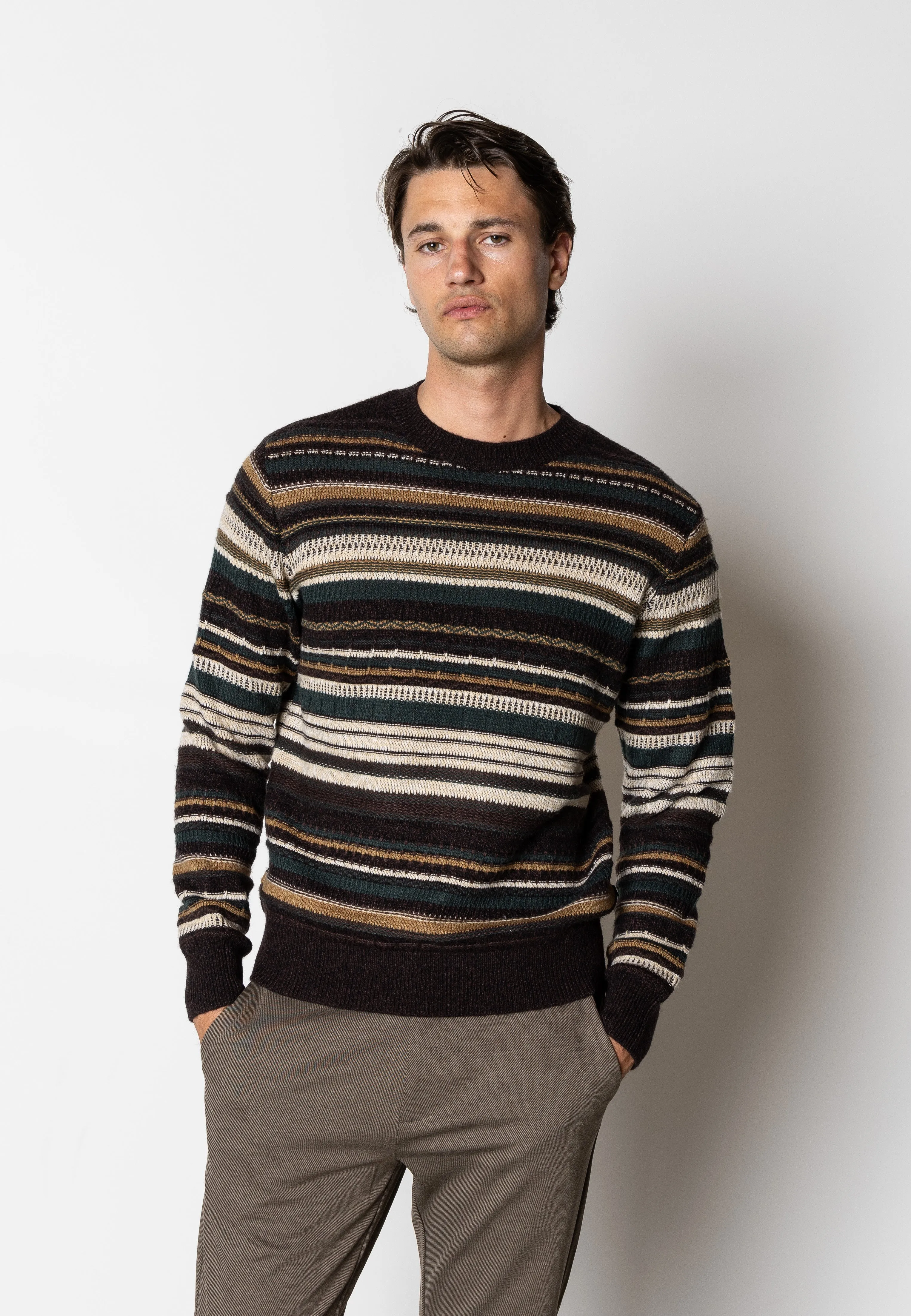 Phillip wool knitted jumper - Deep Green/Ecru striped