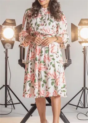 Pink Flower Chiffon Midi Dress