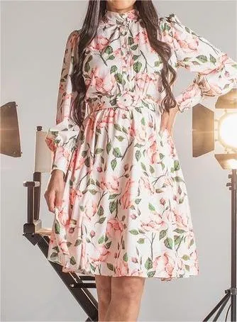 Pink Flower Chiffon Midi Dress