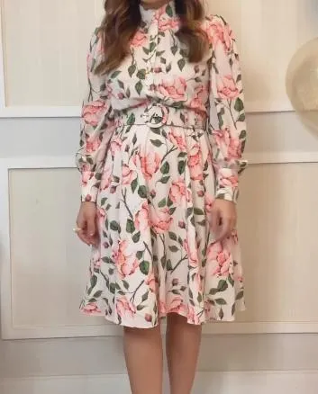 Pink Flower Chiffon Midi Dress