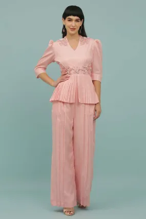 Pink Silk Blend Peplum Jumpsuit