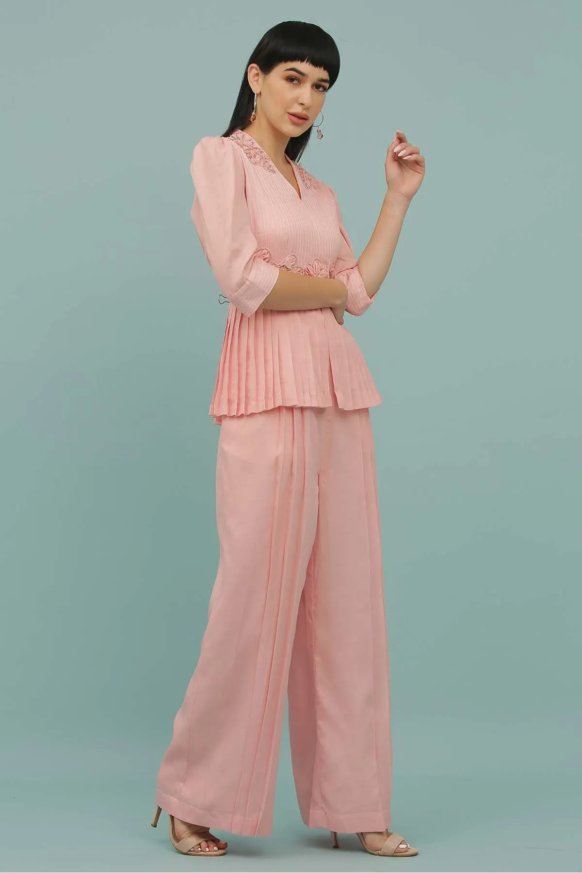 Pink Silk Blend Peplum Jumpsuit