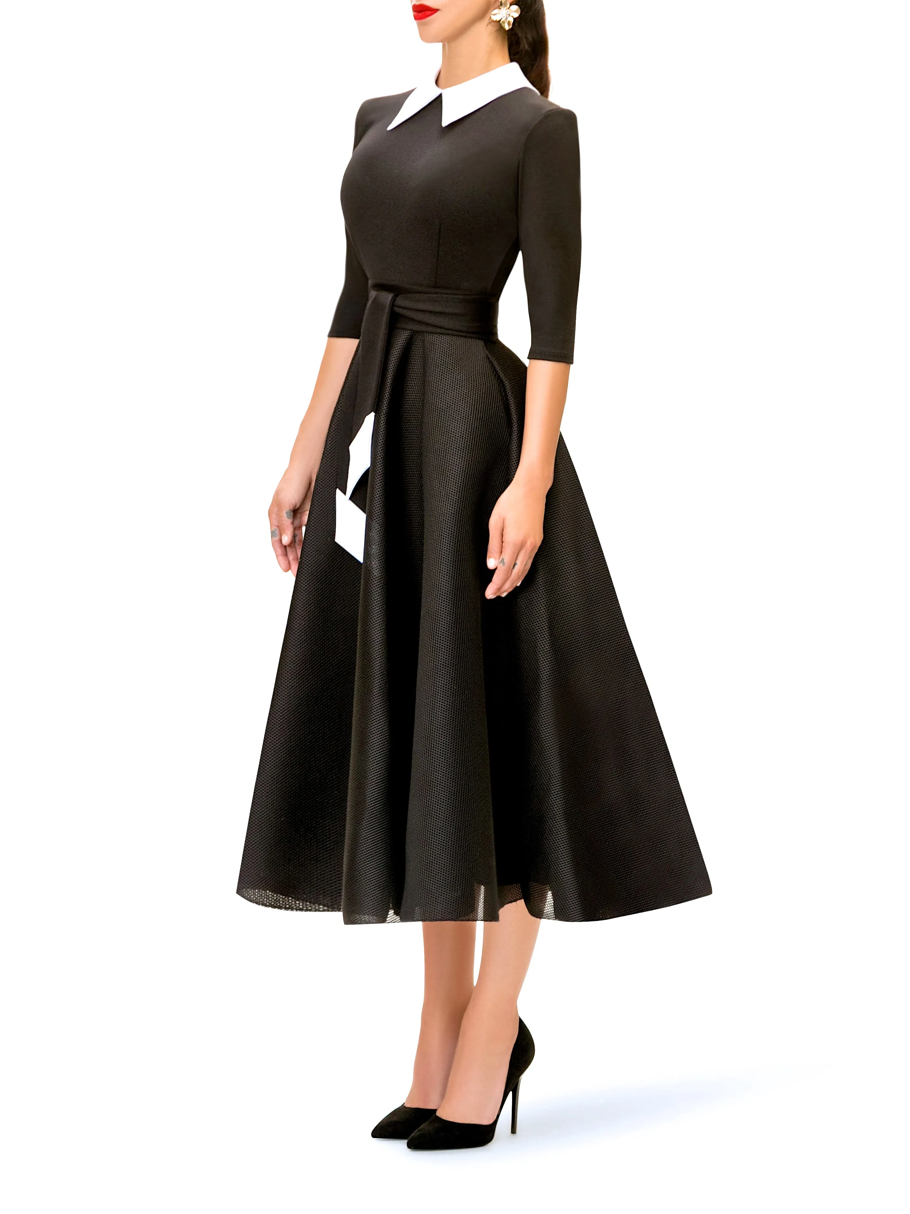 "Cecily" Black and White Contrast 50s Midi Dress