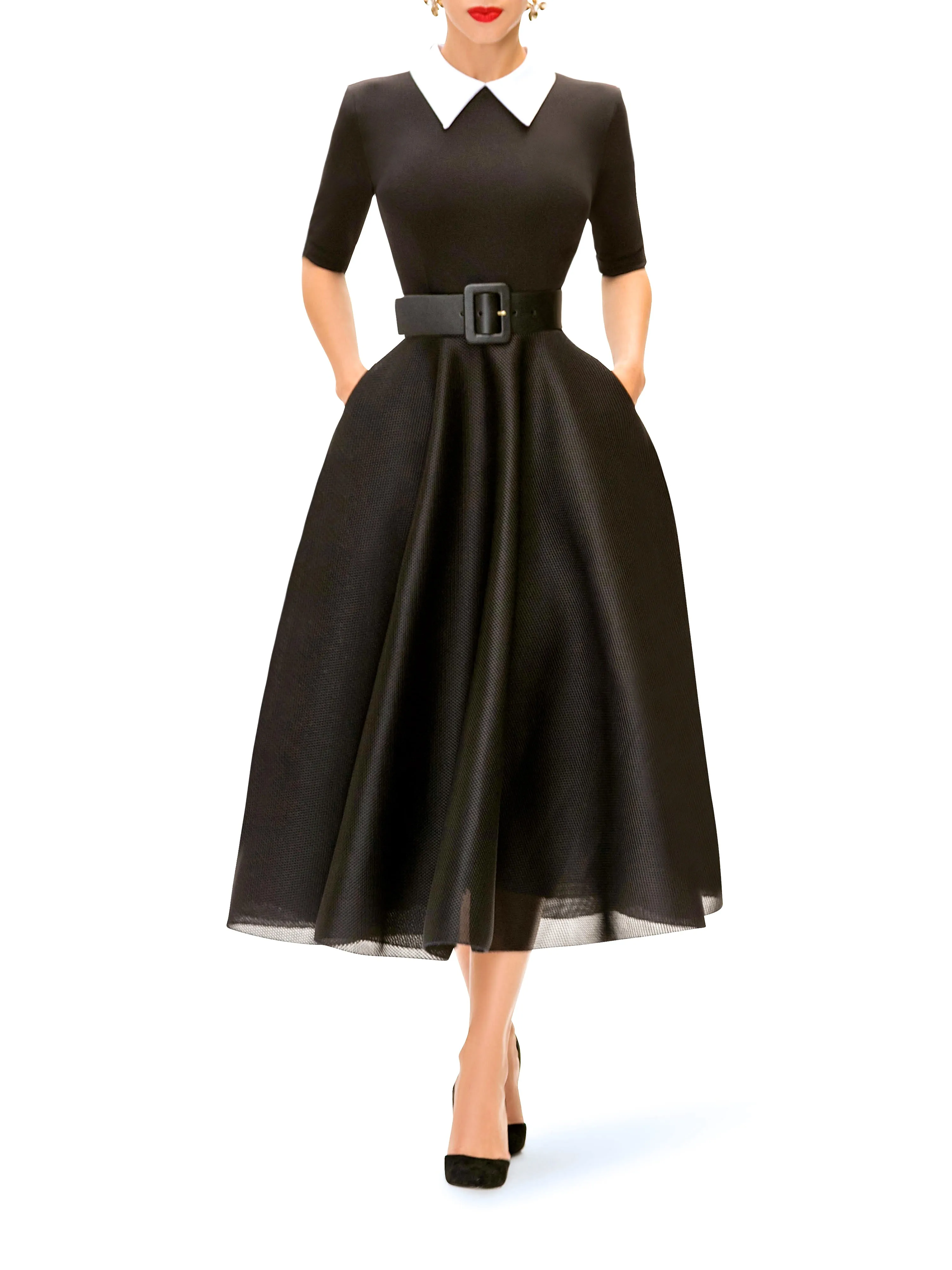 "Cecily" Black and White Contrast 50s Midi Dress