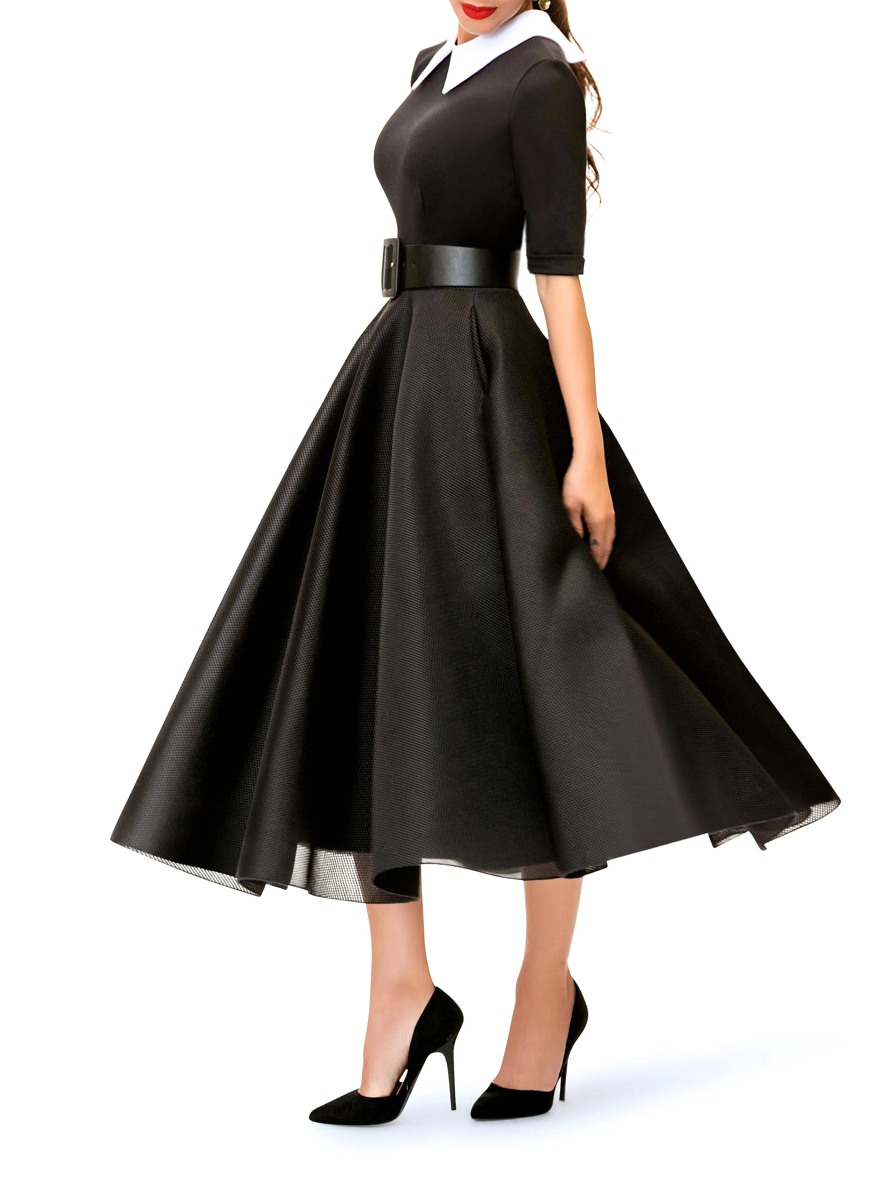 "Cecily" Black and White Contrast 50s Midi Dress