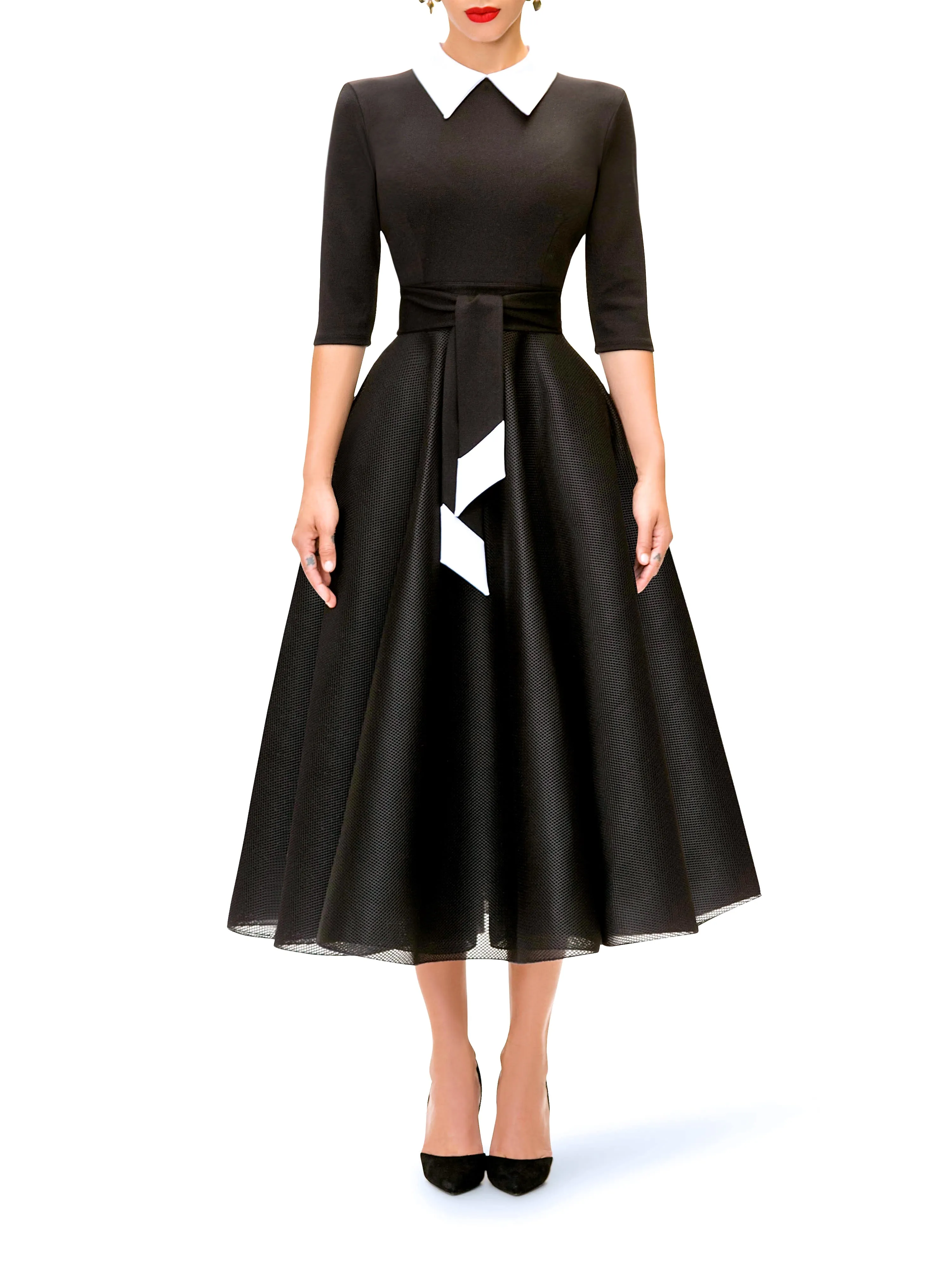 "Cecily" Black and White Contrast 50s Midi Dress