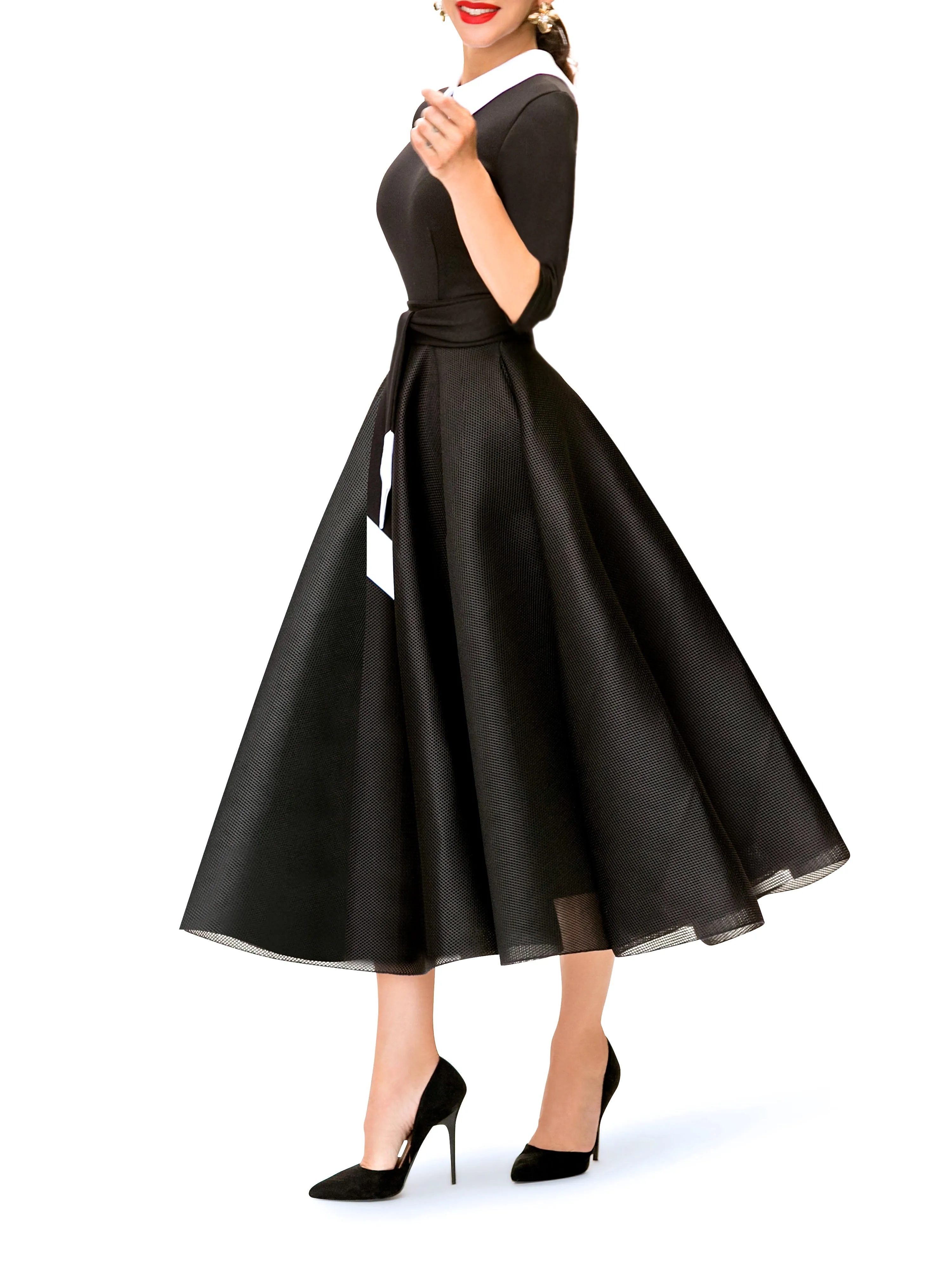 "Cecily" Black and White Contrast 50s Midi Dress