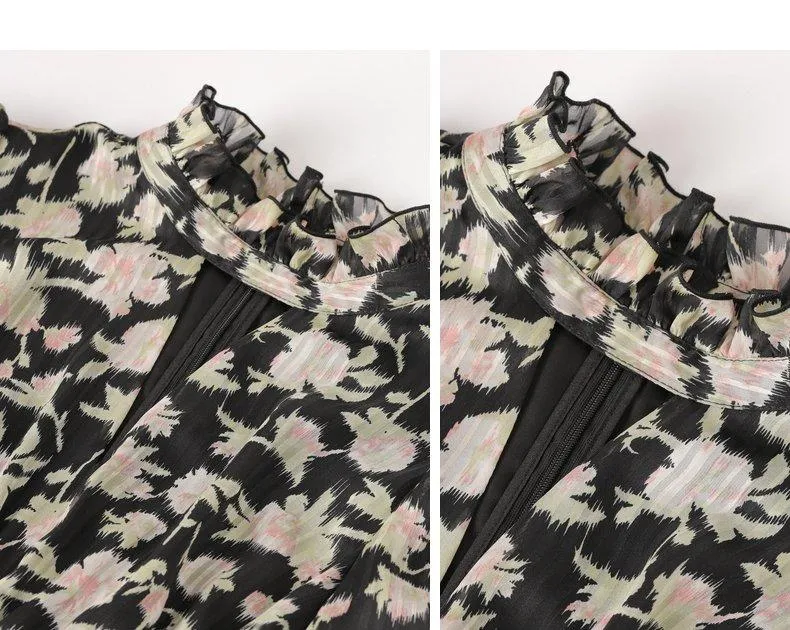 Retro pastoral print cutout design chiffon long-sleeved print dress- Rita