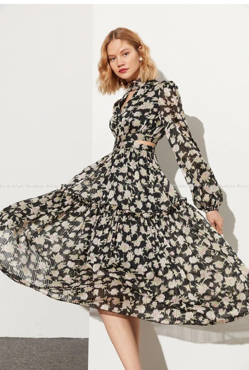 Retro pastoral print cutout design chiffon long-sleeved print dress- Rita