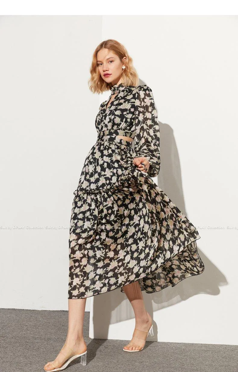 Retro pastoral print cutout design chiffon long-sleeved print dress- Rita