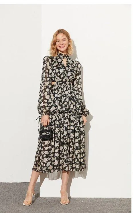 Retro pastoral print cutout design chiffon long-sleeved print dress- Rita
