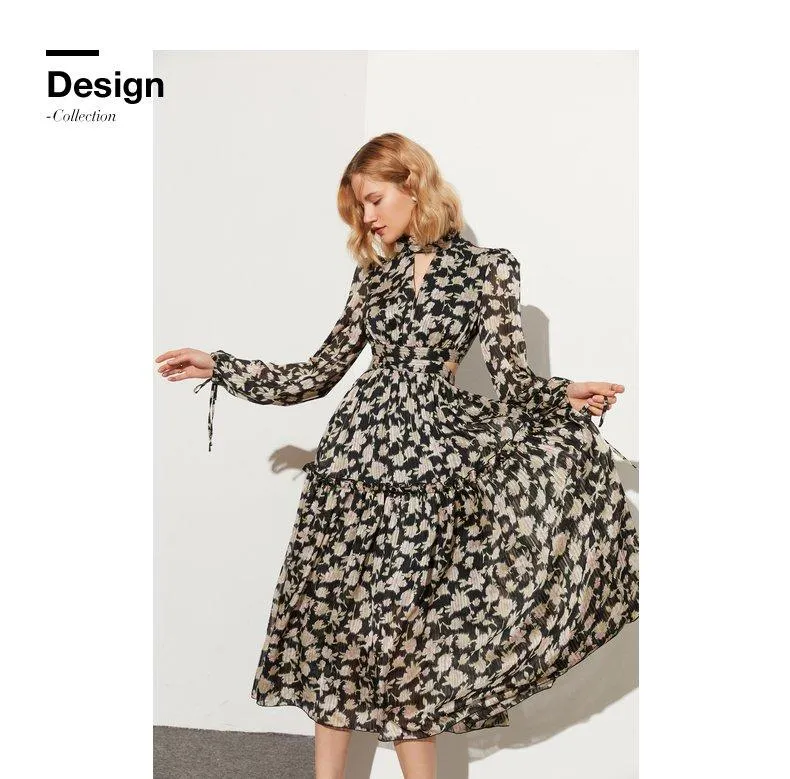 Retro pastoral print cutout design chiffon long-sleeved print dress- Rita