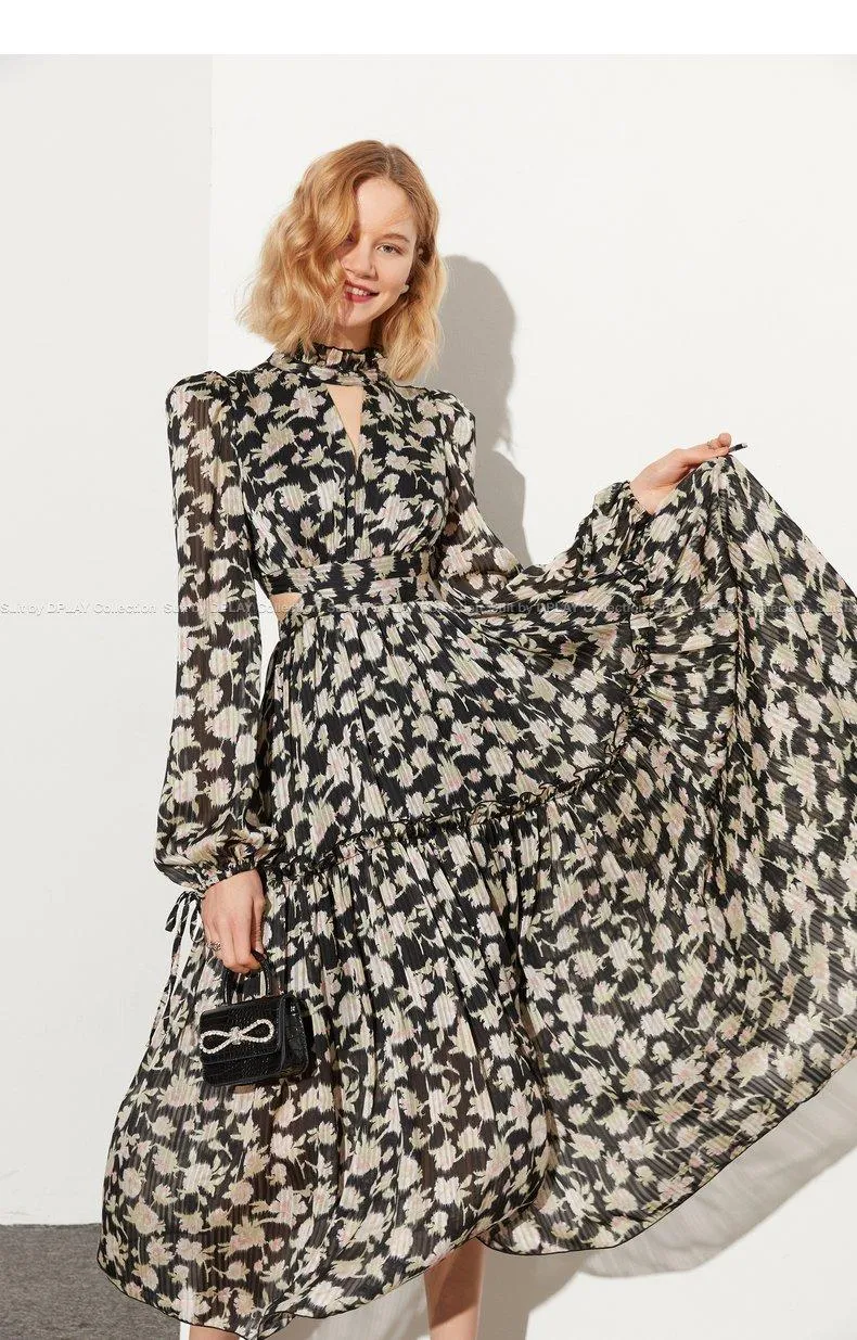 Retro pastoral print cutout design chiffon long-sleeved print dress- Rita