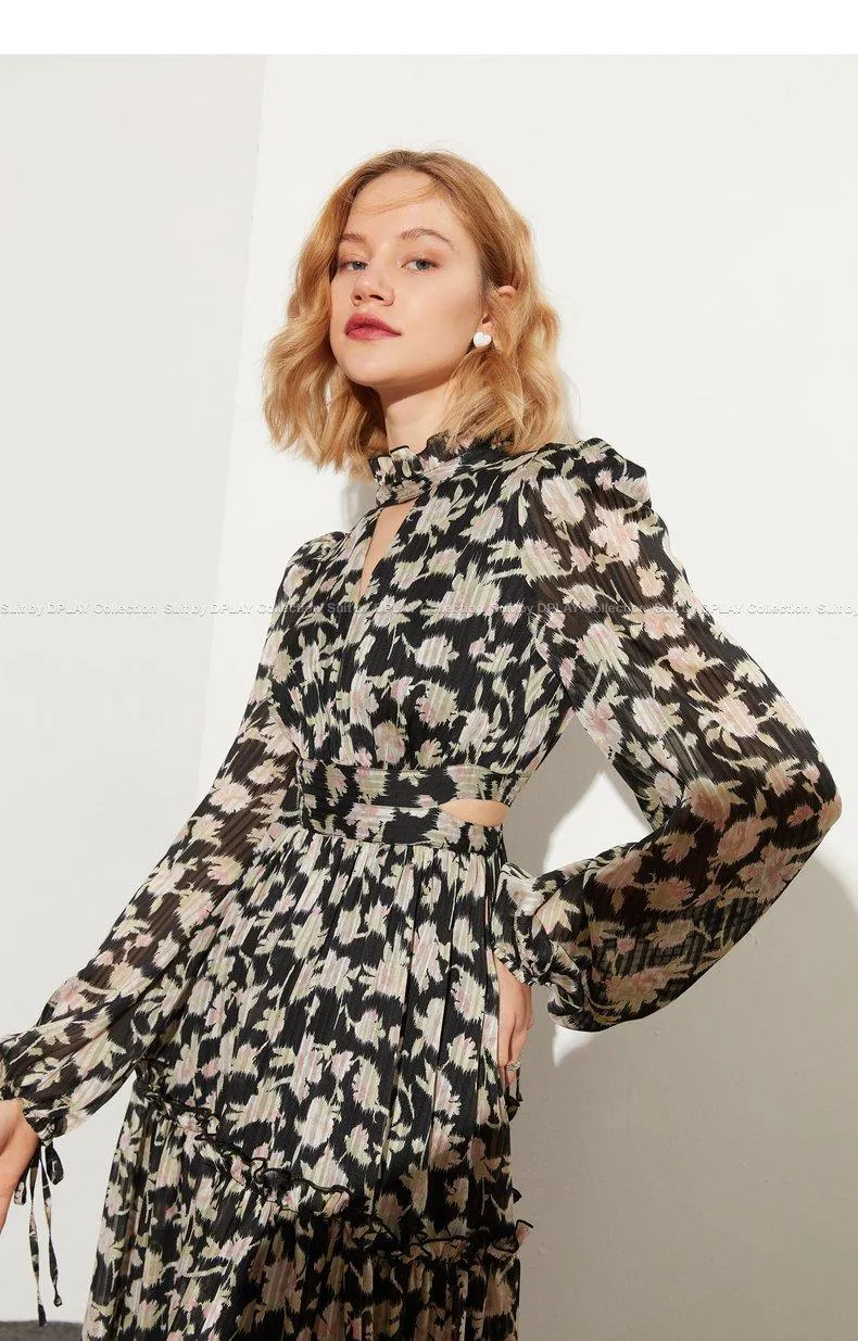 Retro pastoral print cutout design chiffon long-sleeved print dress- Rita