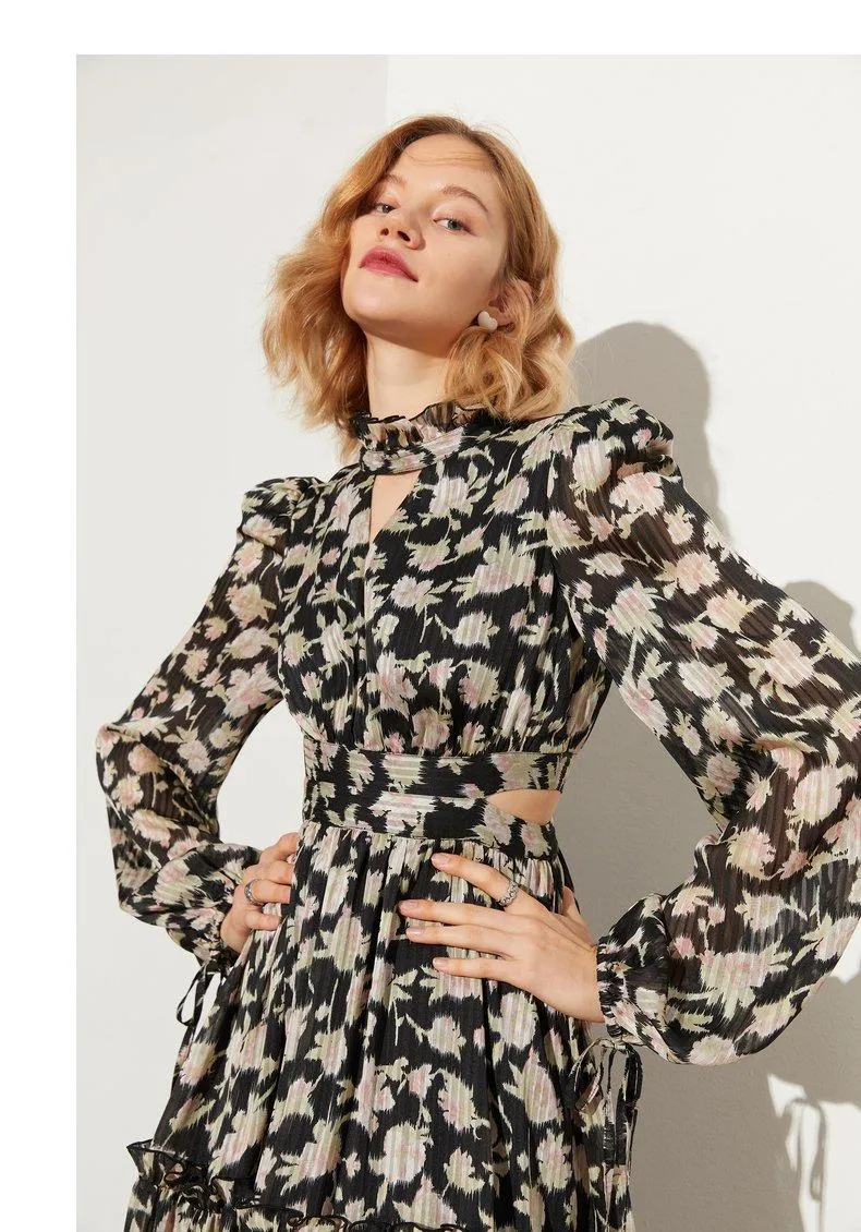 Retro pastoral print cutout design chiffon long-sleeved print dress- Rita