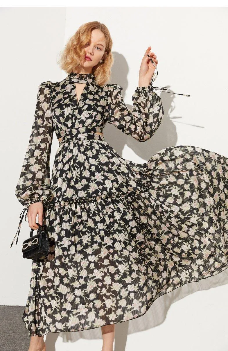 Retro pastoral print cutout design chiffon long-sleeved print dress- Rita