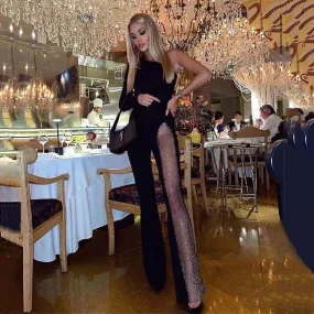 Rhinestones Mesh One Shoulder Jumpsuit