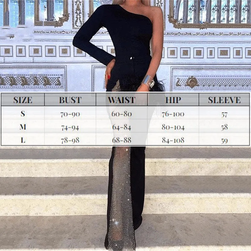 Rhinestones Mesh One Shoulder Jumpsuit