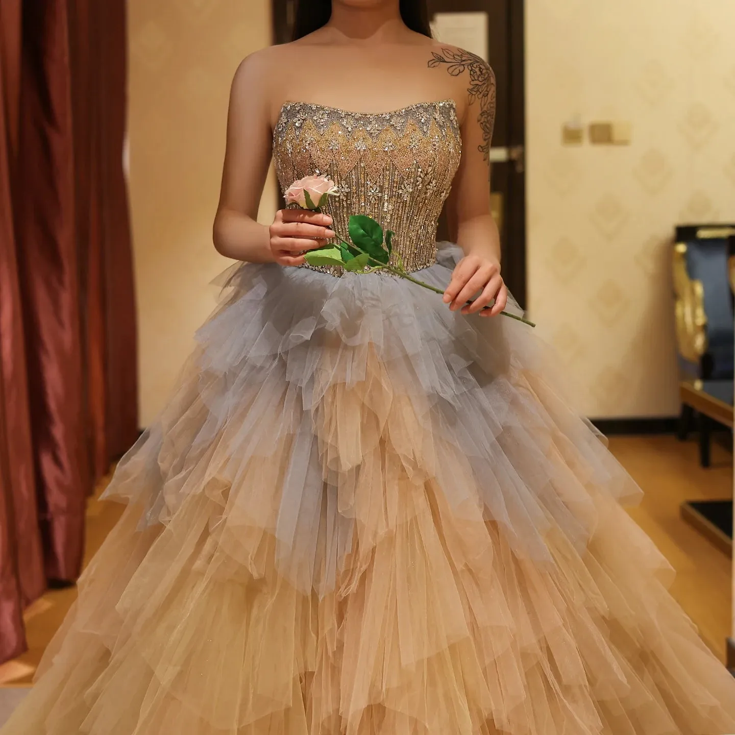 Rose Gold Ball Gown with Ruffles