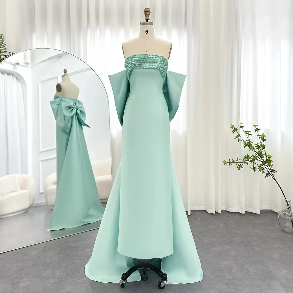 Sage Green Evening Dress with Beaded Cape
