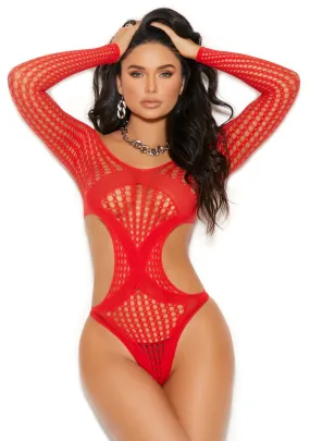 Sexy Free Red Long Sleeve Cutout Fishnet Teddy