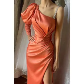 Sheath One Shoulder Long Sleeves Beads Long Formal Party Dress with Slit