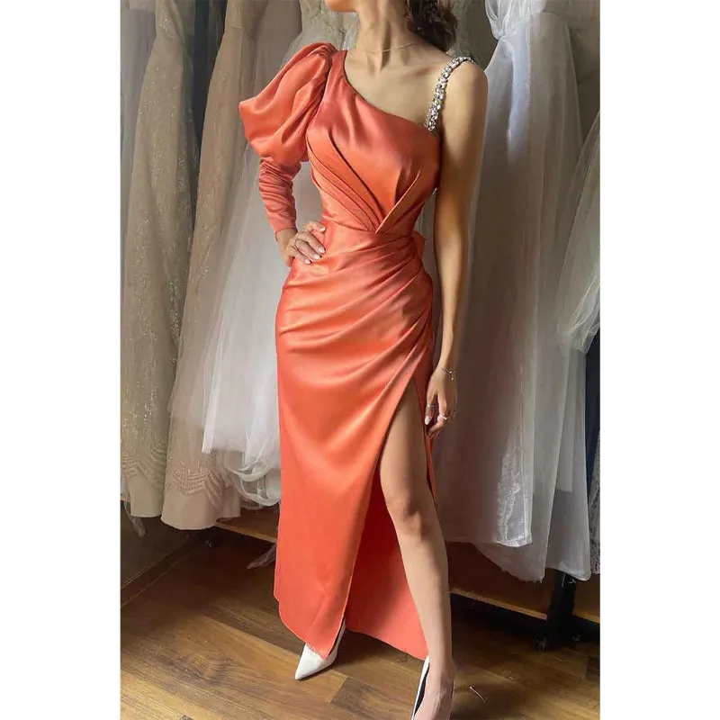 Sheath One Shoulder Long Sleeves Beads Long Formal Party Dress with Slit