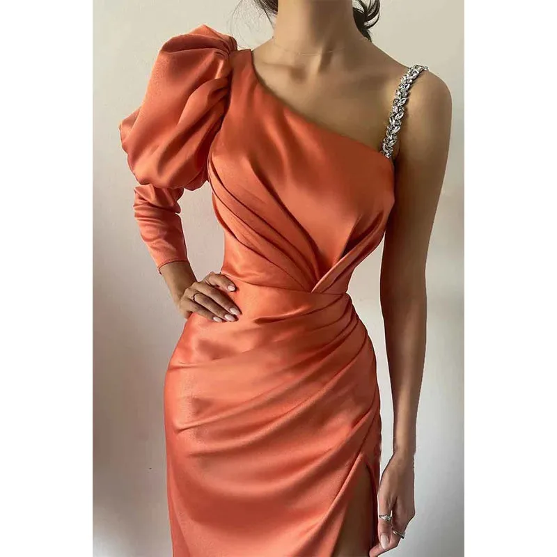 Sheath One Shoulder Long Sleeves Beads Long Formal Party Dress with Slit