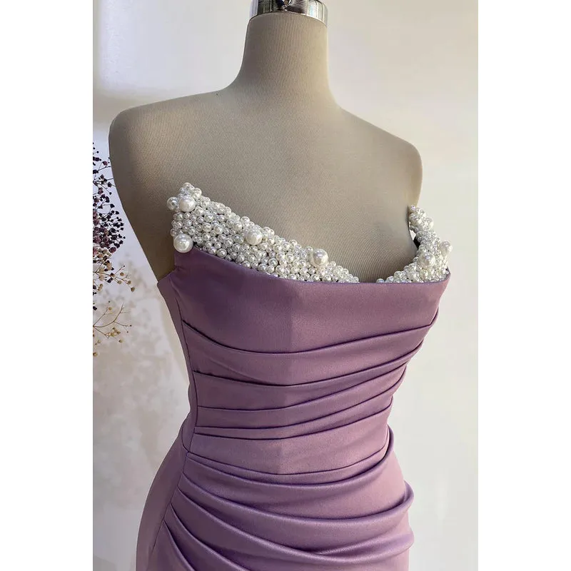Sheath/Column Off-Shoulder Ruched Beaded Long Prom Evening Dress