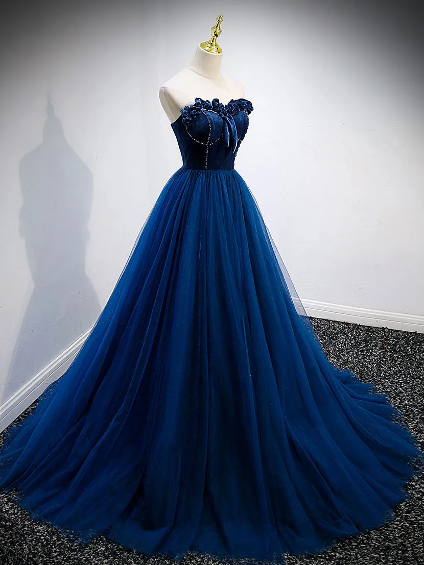 Simple A Line Blue Tulle Long Prom Dress, Blue Tulle Formal Dress