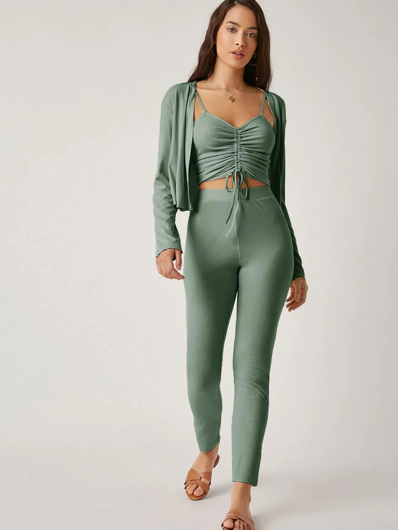 Spaghetti Strap Drawstring Knot Ruched Cami Top and Leggings Set With Coat