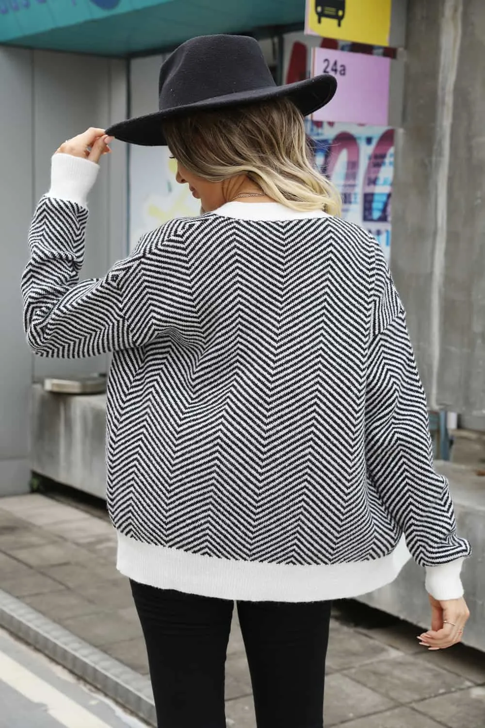 Striped V-Neck Button-Up Cardigan