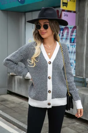 Striped V-Neck Button-Up Cardigan