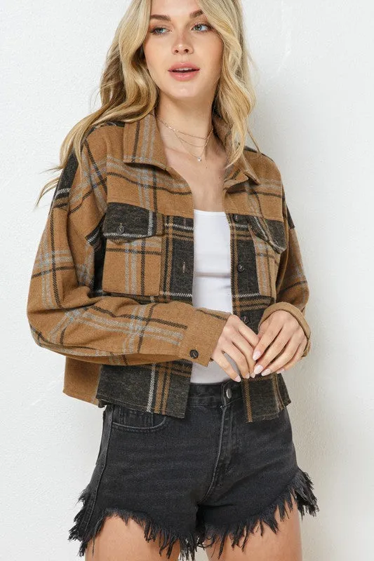 Sweet Fall Soft Lightweight Plaid Mix Crop Shirt Jacket