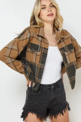 Sweet Fall Soft Lightweight Plaid Mix Crop Shirt Jacket