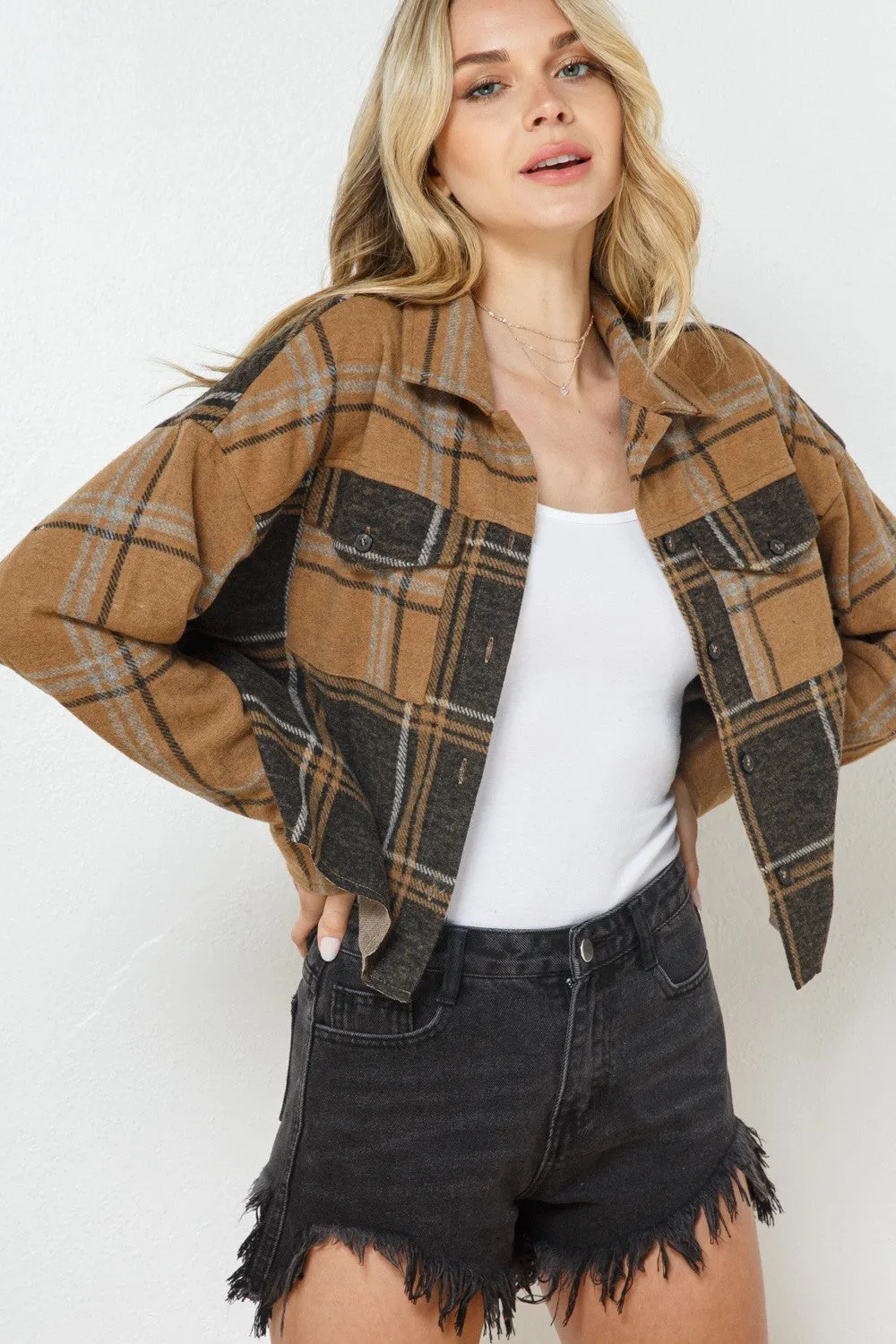 Sweet Fall Soft Lightweight Plaid Mix Crop Shirt Jacket