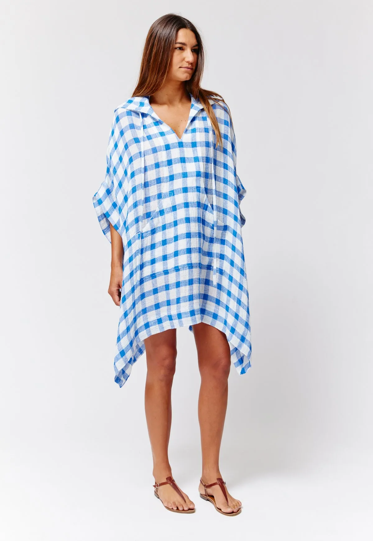 THE HOODED PONCHO in FRENCH BLUE &  WHITE GINGHAM CHIOS GAUZE