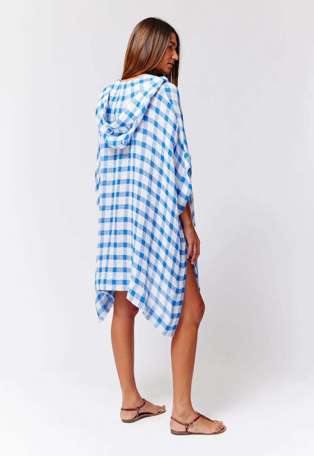 THE HOODED PONCHO in FRENCH BLUE &  WHITE GINGHAM CHIOS GAUZE