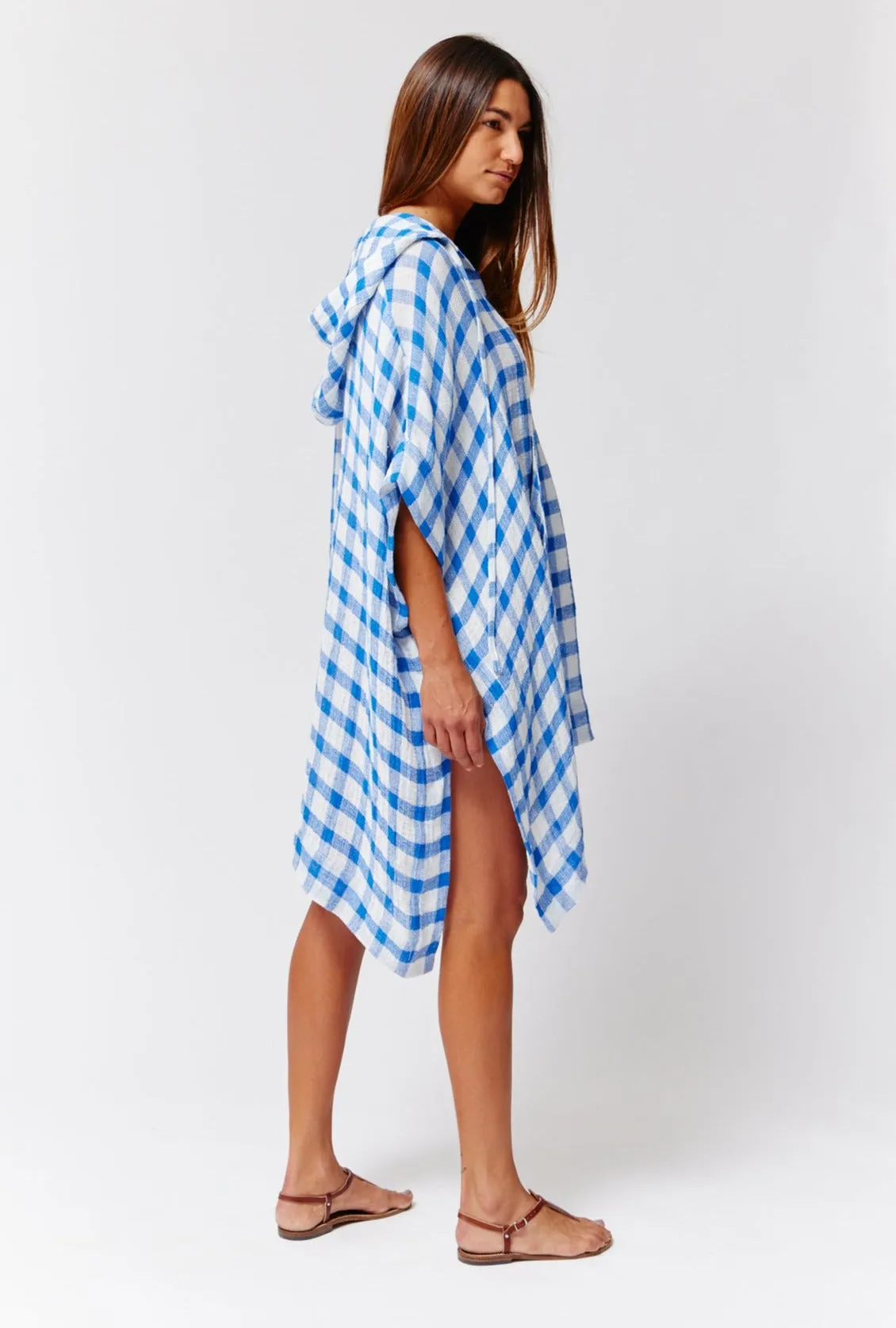 THE HOODED PONCHO in FRENCH BLUE &  WHITE GINGHAM CHIOS GAUZE